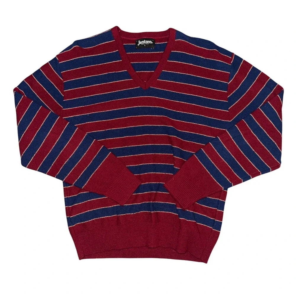 Vintage Jantzen Made in USA Striped V-Neck Sweater Mens Large Burgundy Navy Blue